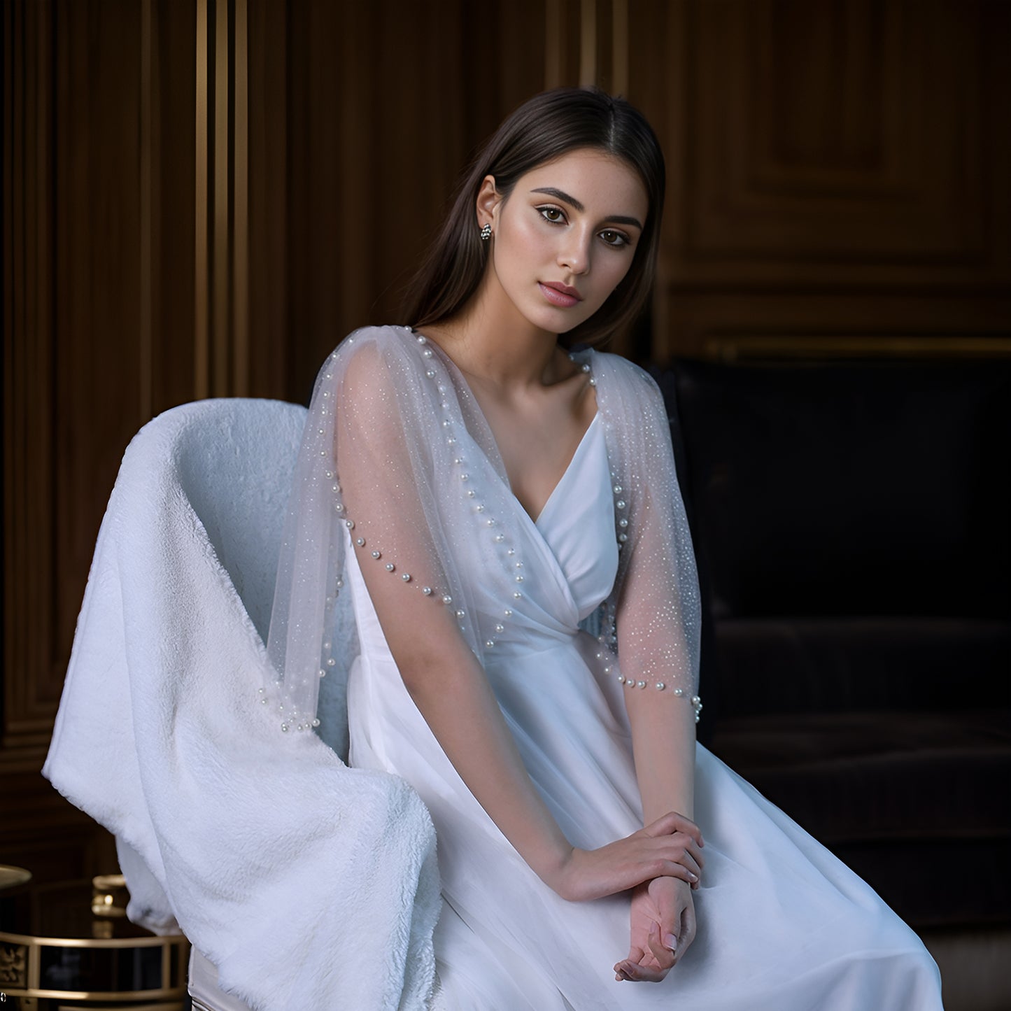 Ivory Starlight Mesh Bridal Shawl Sleeves Wedding Wrap BVG40A-XI Bridella