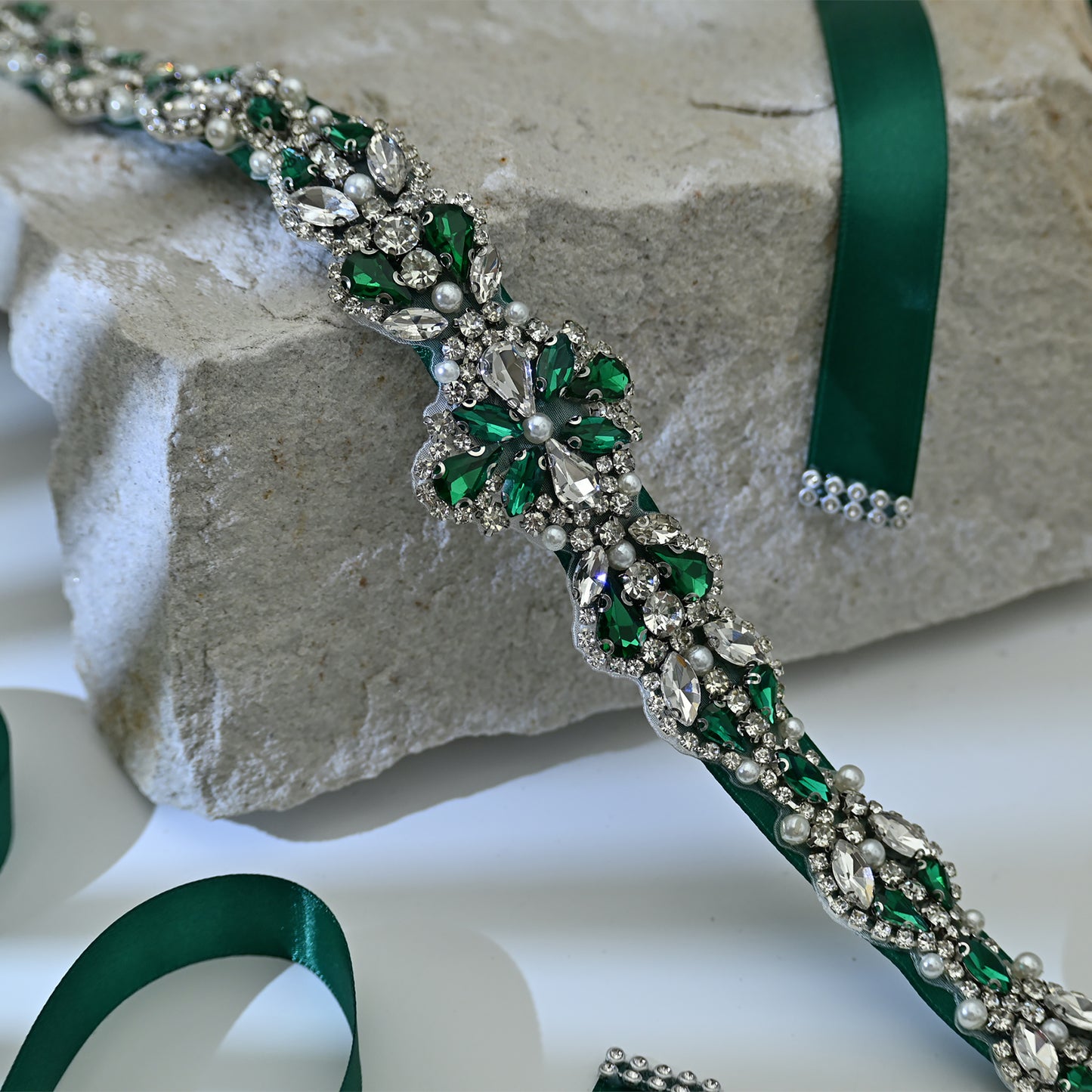 Bridella BS39KL Green Rhinestone & Pearl Belt