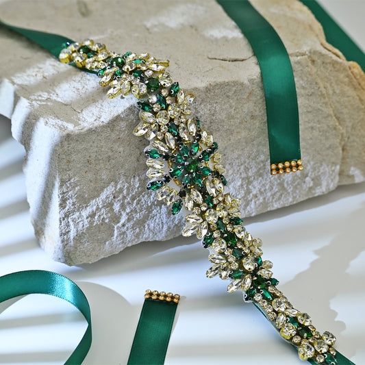 Green Rhinestone Bridal Belt Wedding Dress Sash - Bridella BS319KL