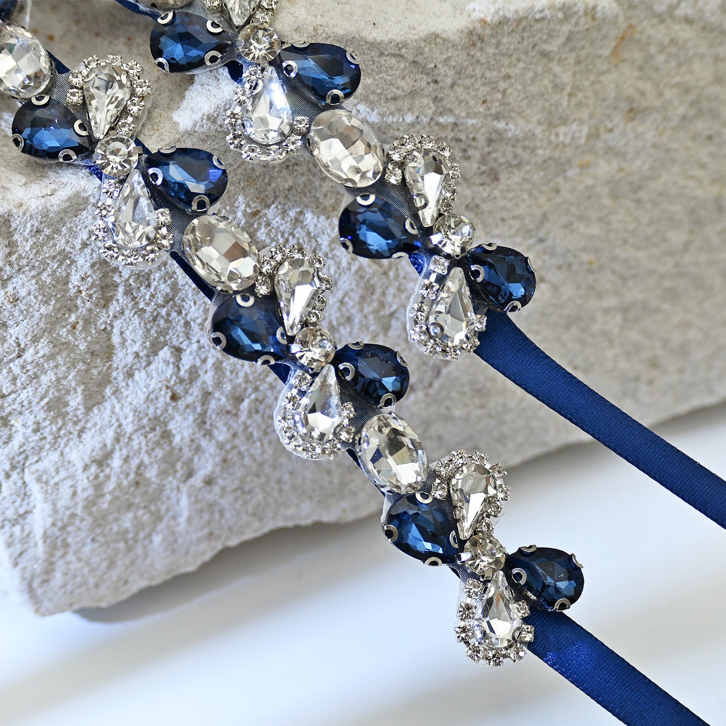 Navy Blue Rhinestone Bridal Belt Adjustable Waist Sash Bridella BS212ML