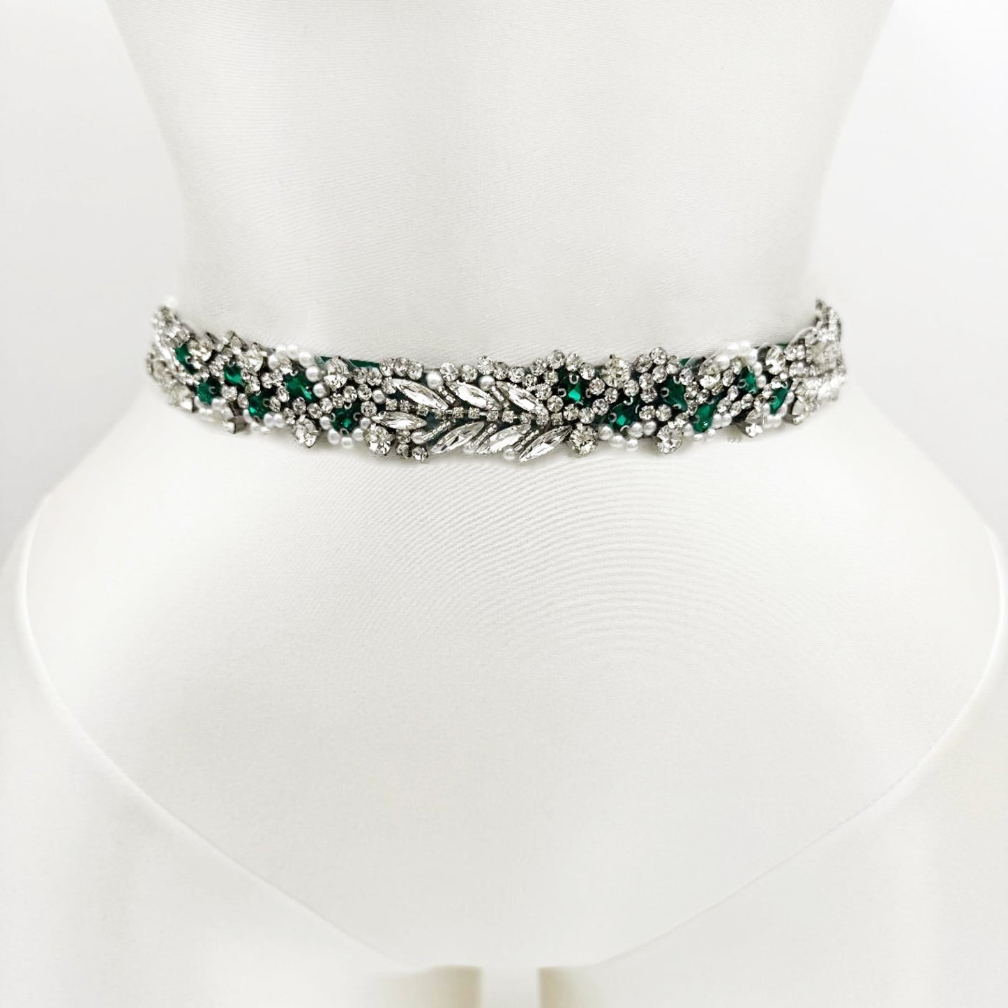 Green Ribbon Emerald Rhinestone & Pearl Belt - Bridella BS100KL