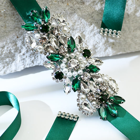 Green Rhinestone Pearl Bridal Belt Wedding Sash - Bridella BS86KL