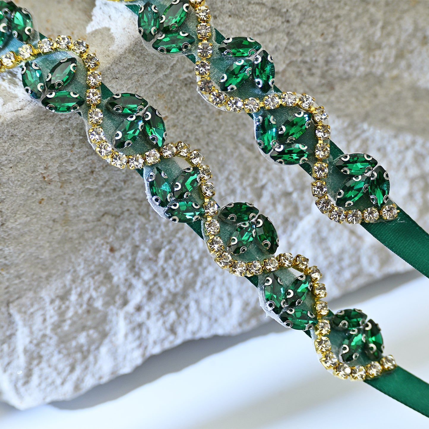 Rhinestone Ribbon Belt Wedding Prom Emerald Green Bridella BS203KL