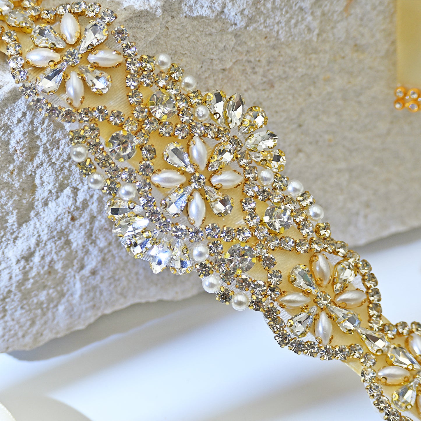 Champagne Rhinestone & Pearl Bridal Dress Belt for Wedding - Bridella BS161-G