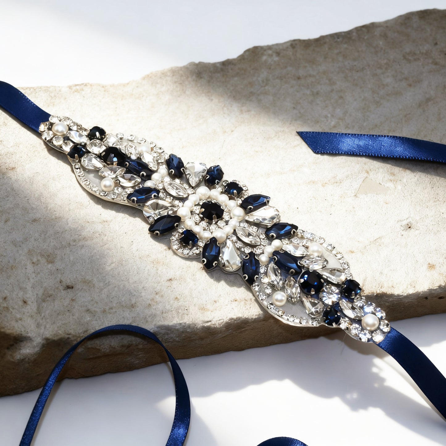 Navy Rhinestone Pearl Bridal Belt Wedding Sash – Bridella BS188ML