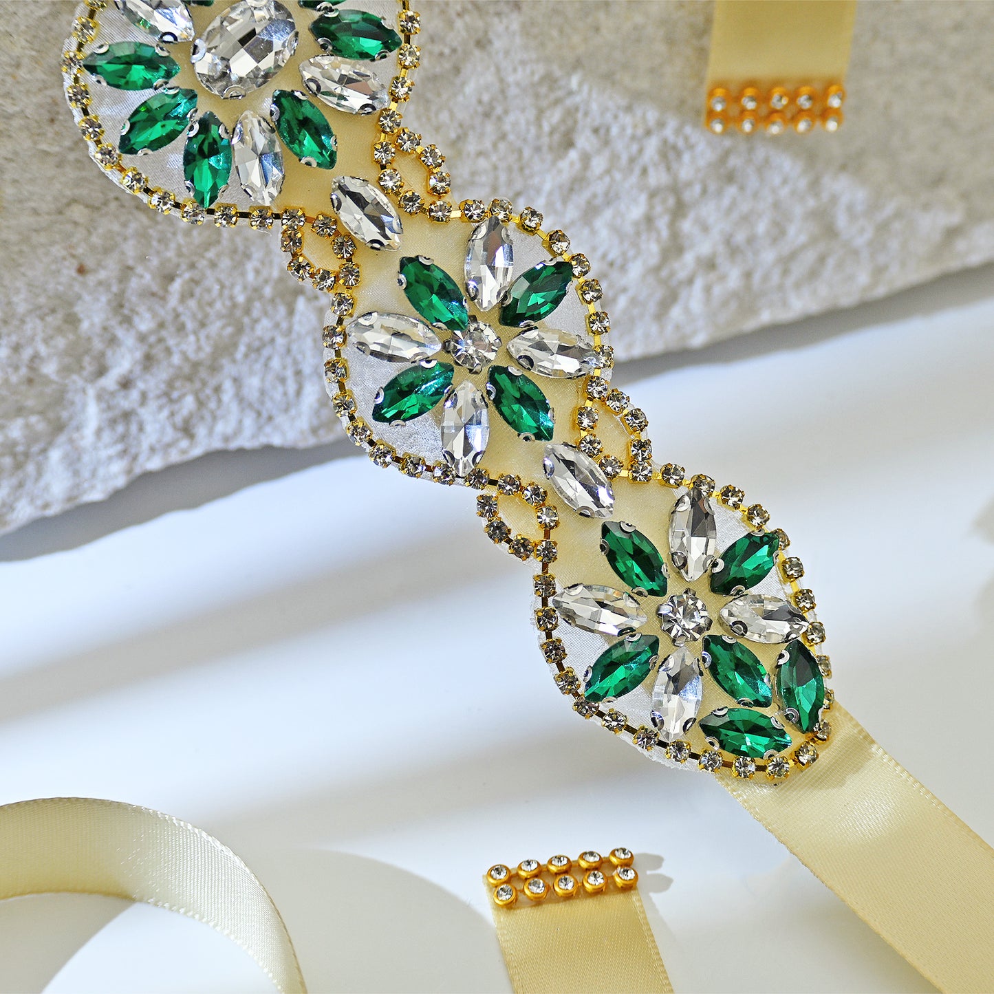 Champagne Ribbon Emerald Green Rhinestone Bridal Sash Wedding Dress Belt – Bridella BS257