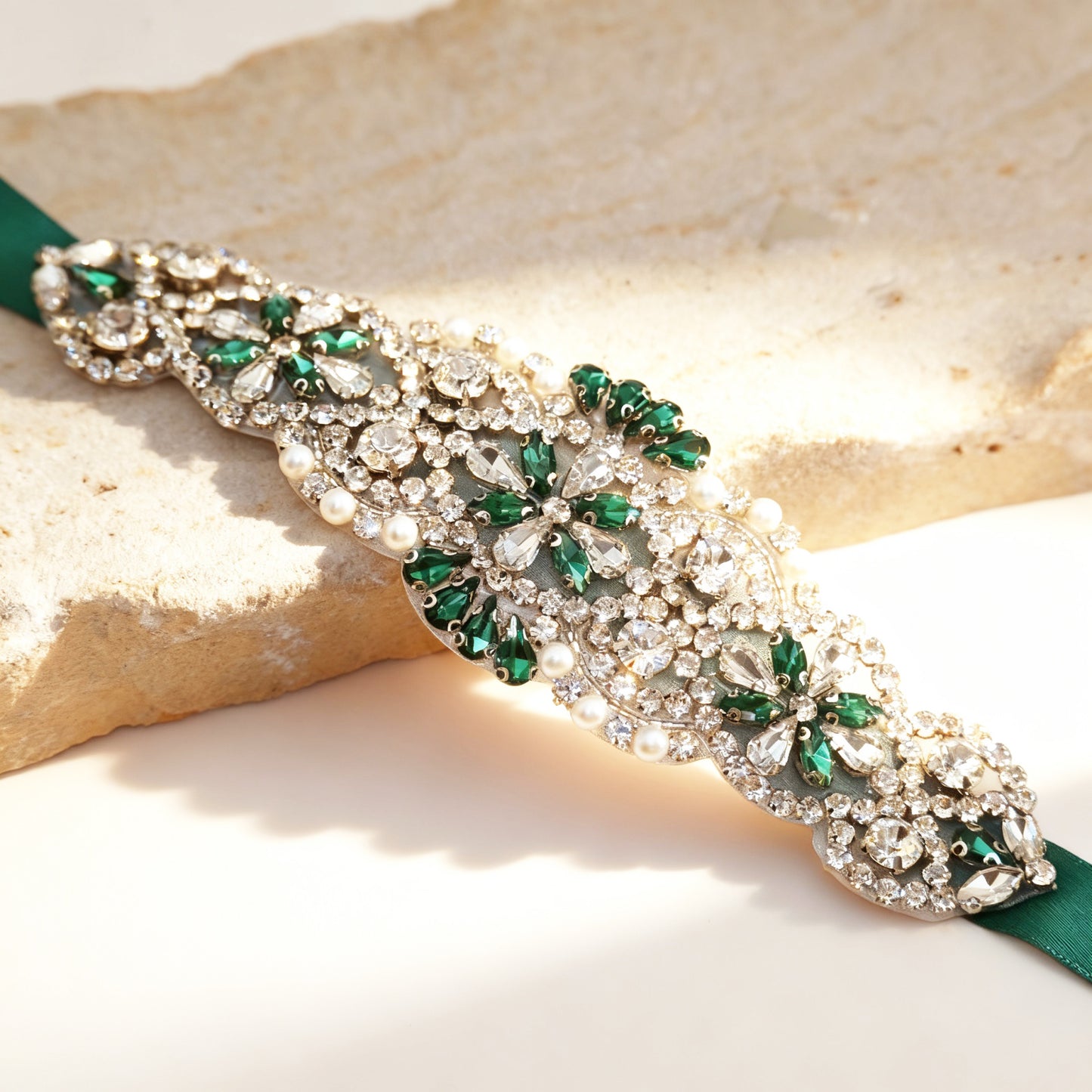 Green Rhinestone Pearl Bridal Belt – Bridella BS104KL