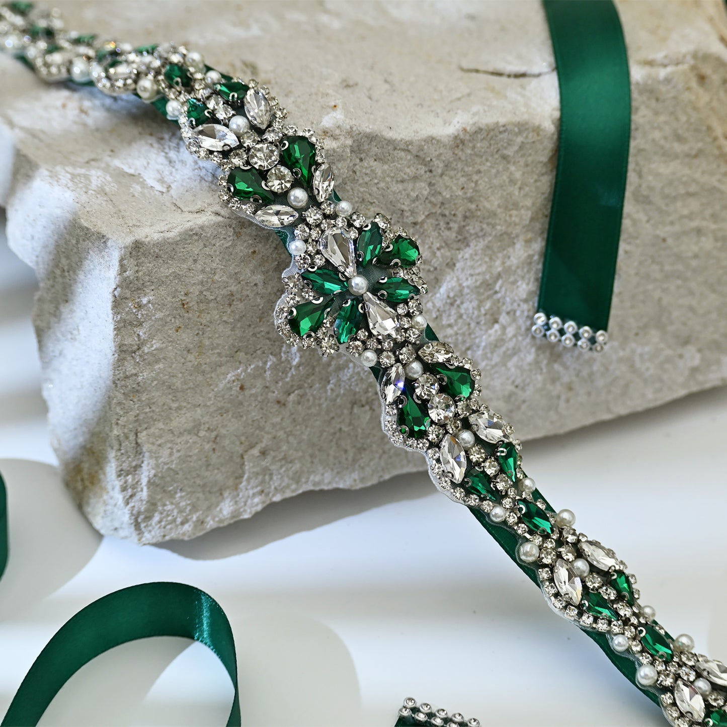 Green Rhinestone Pearl Bridal Belt Wedding Sash - Bridella BS39KL