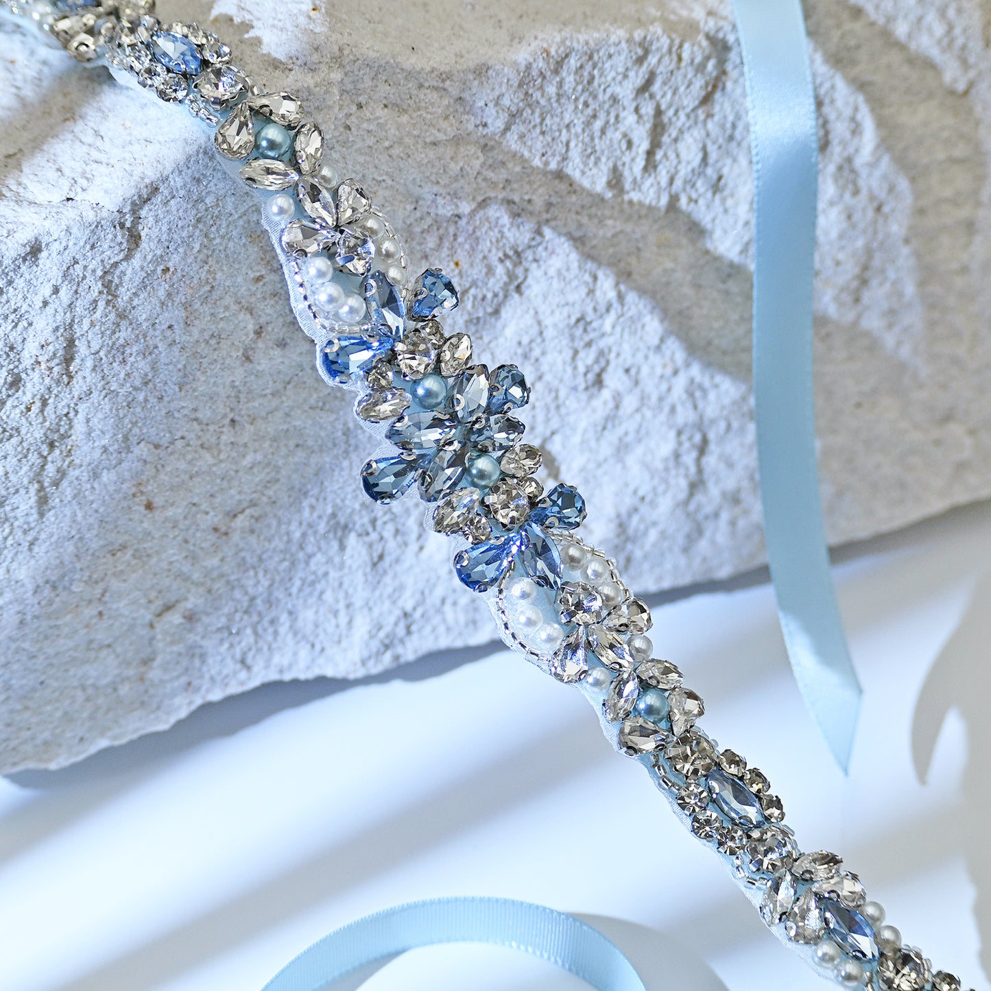 Light Blue Rhinestone & Pearl Bridal Dress Belt for Wedding - Bridella BS93QL