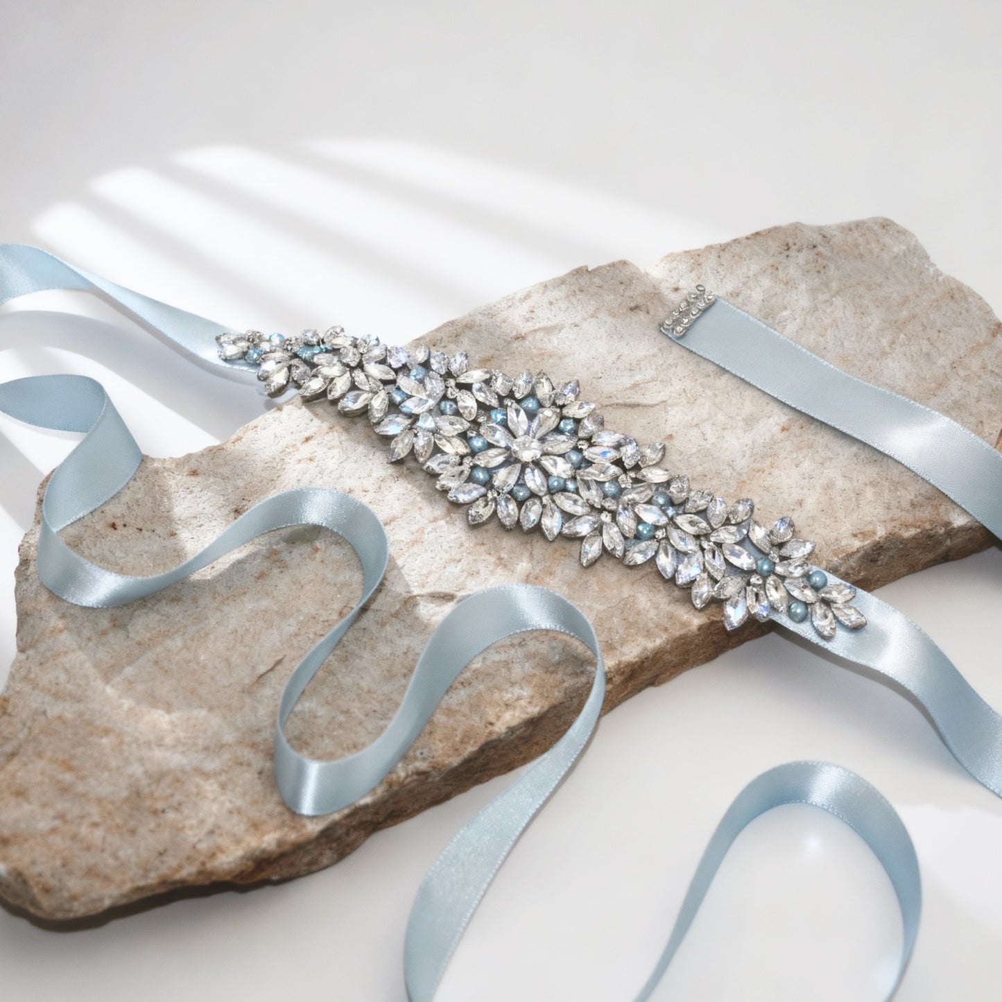 Light Blue Rhinestone Pearl Bridal Sash Wedding Dress Belt – Bridella BS121