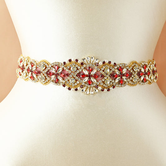 Burgundy Rhinestone & Pearl Belt - Bridella BS161BR