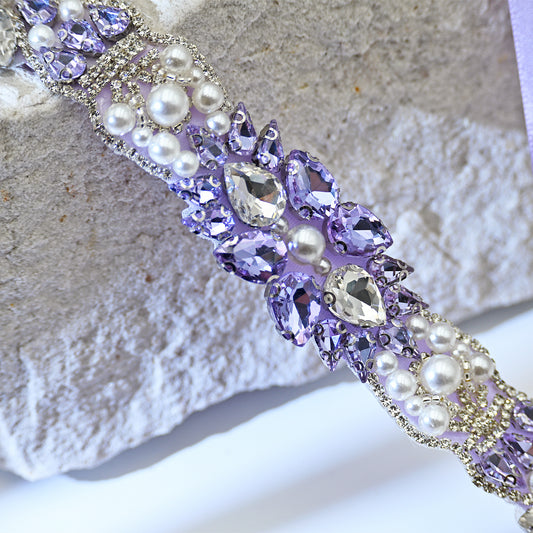 Lavender Rhinestone Pearl Bridal Sash Ribbon Wedding Dress Belt – Bridella BS258