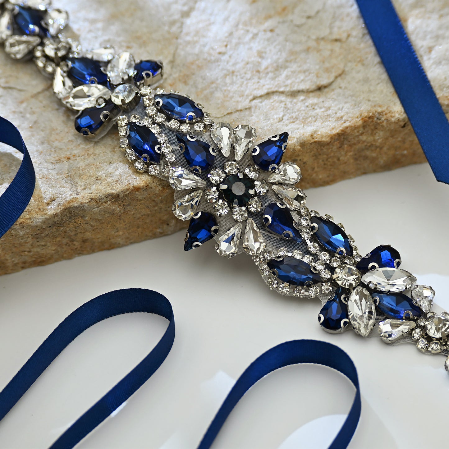 Navy Blue Rhinestone Bridal Sash Wedding Dress Belt – Bridella BS167ML