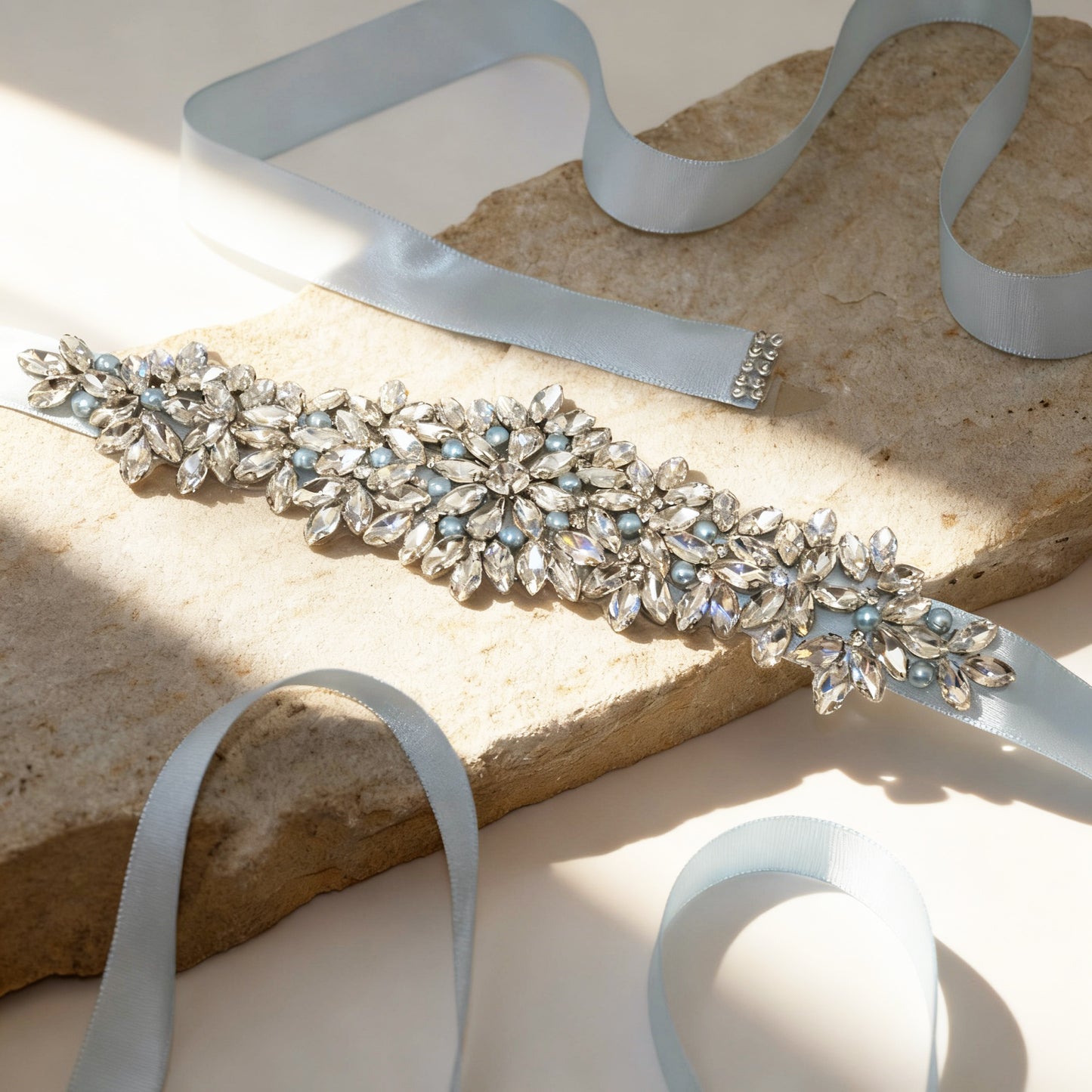 Light Blue Rhinestone Pearl Bridal Sash Wedding Dress Belt – Bridella BS121