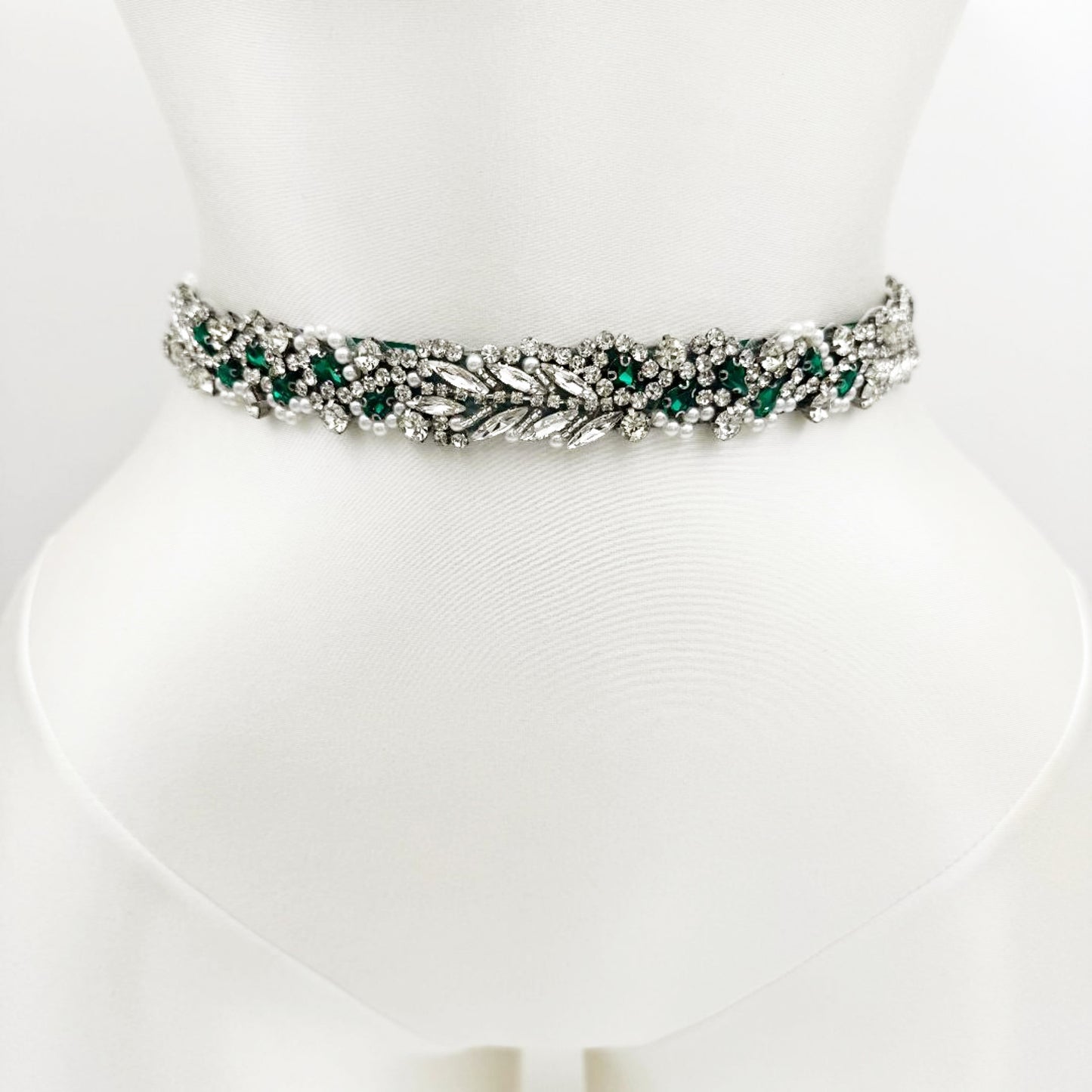 Green Ribbon Emerald Rhinestone & Pearl Belt - Bridella BS100KL