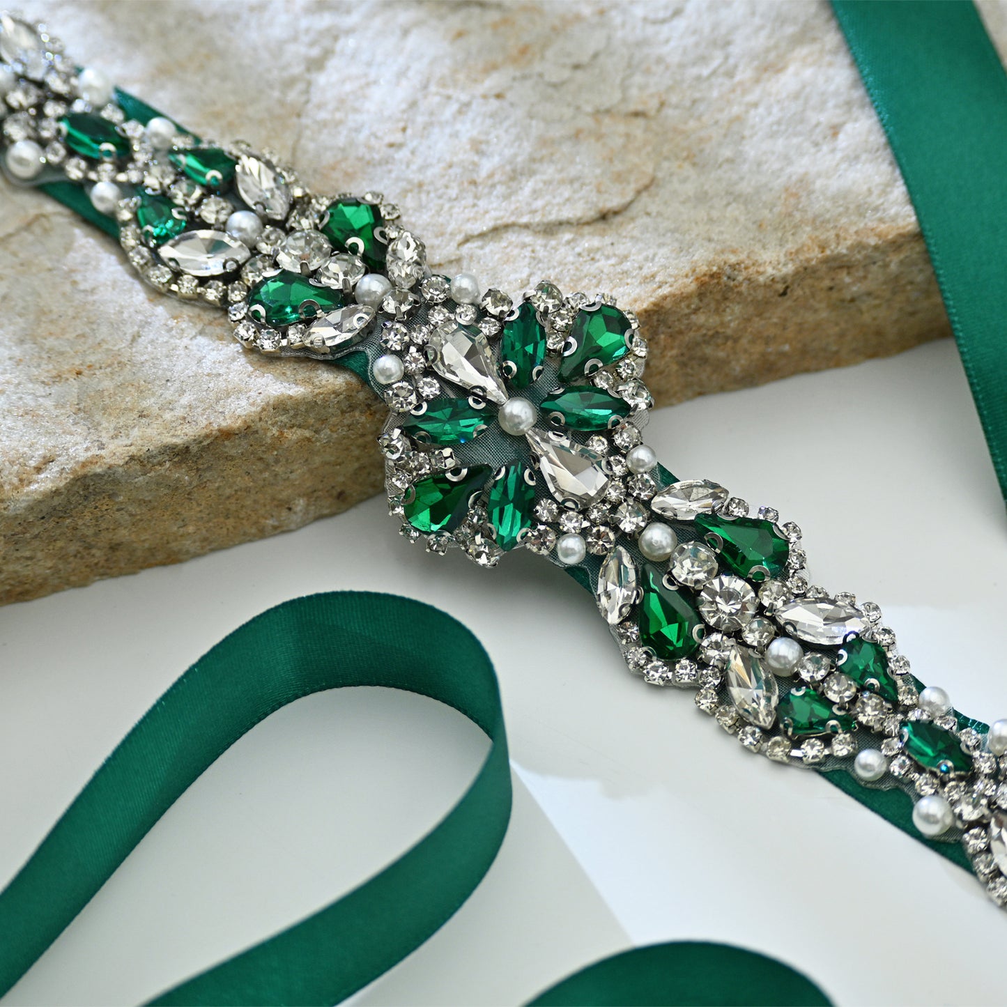 Bridella BS39KL Green Rhinestone & Pearl Belt