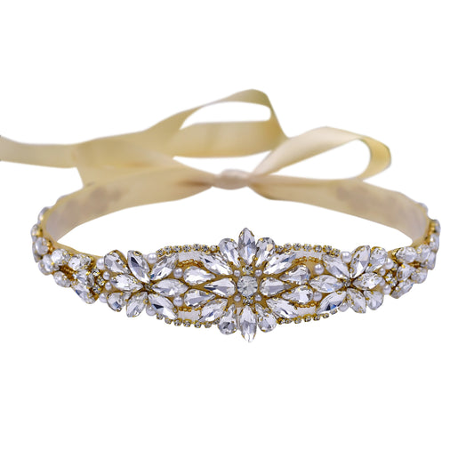Golden Pearl Rhinestone Bridal Belt Elegant Sash - Bridella BS131
