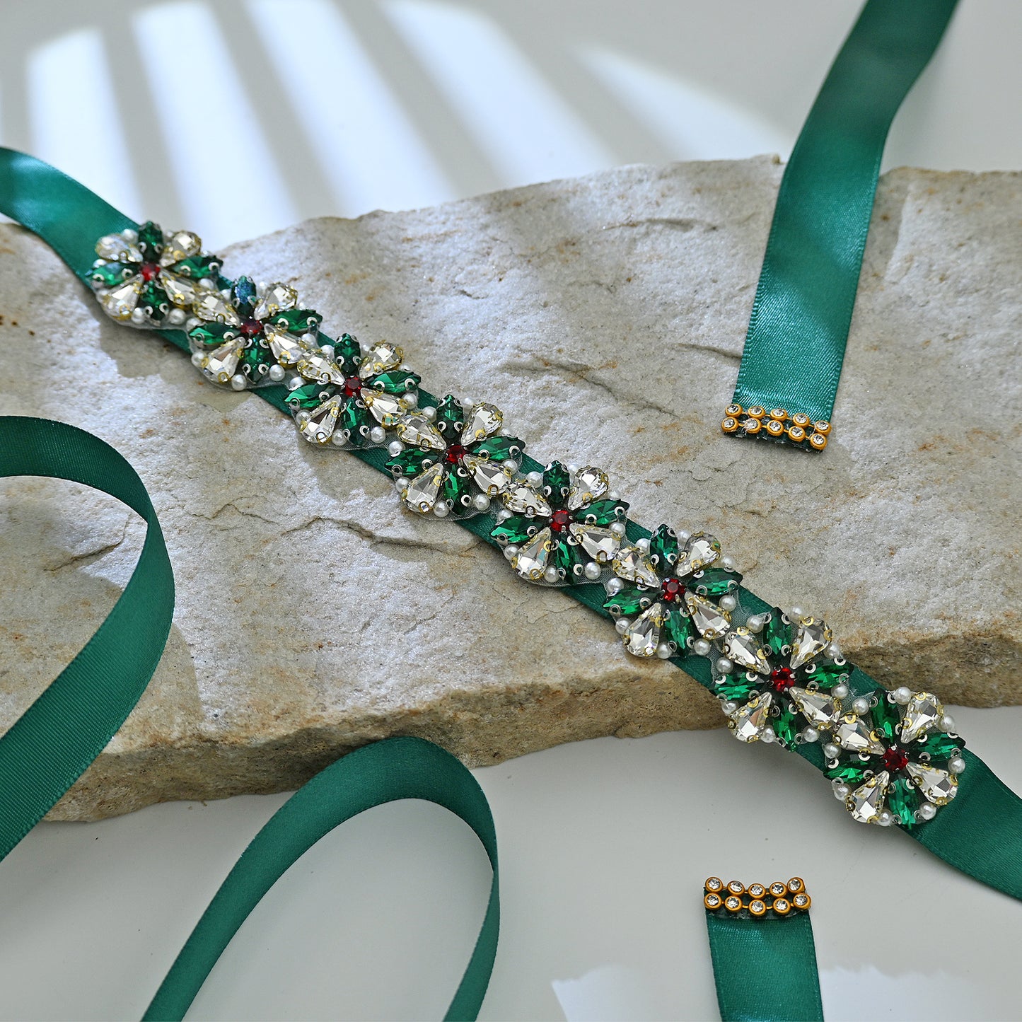 Bridella BS205-Green Ribbon Rhinestone & Pearl Belt