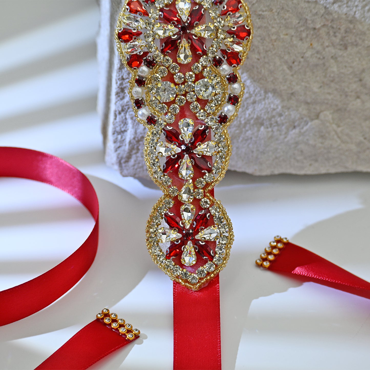 Bridella BS94R Red Rhinestone & Pearl Belt
