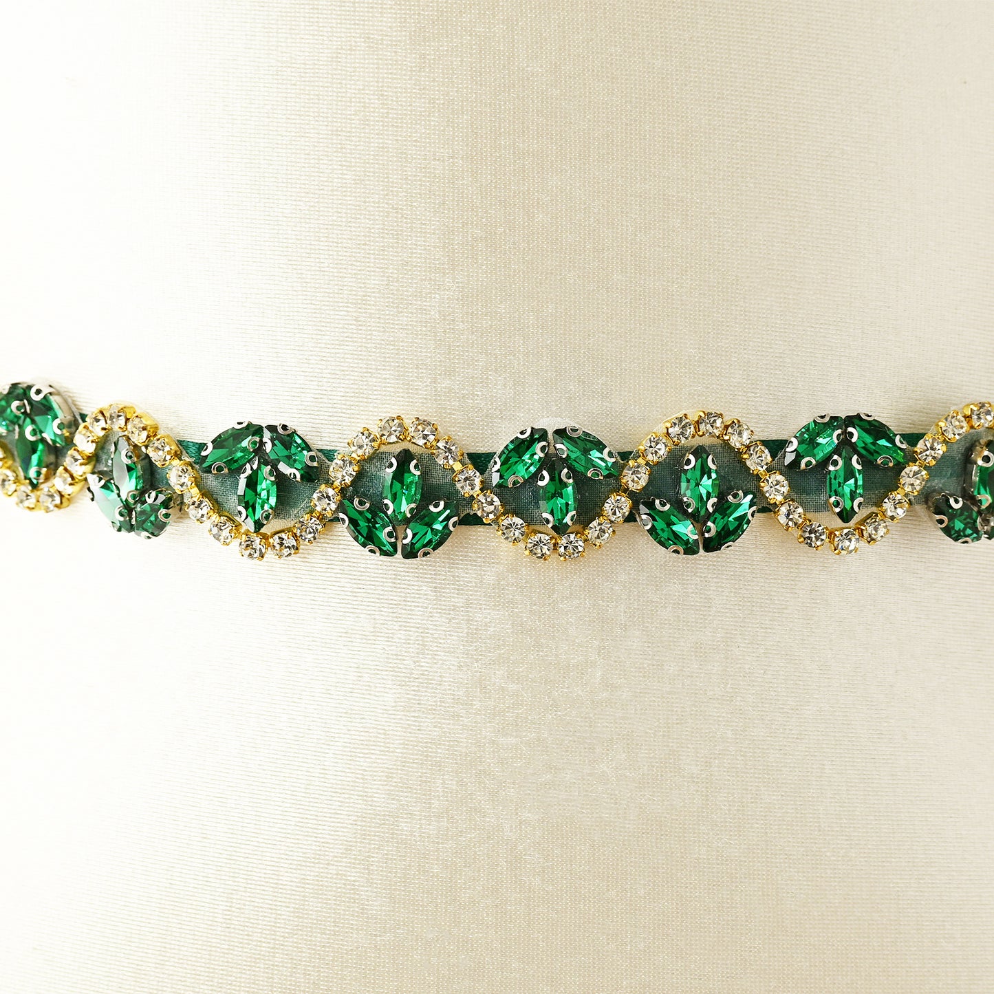 Rhinestone Ribbon Belt Wedding Prom Emerald Green Bridella BS203KL