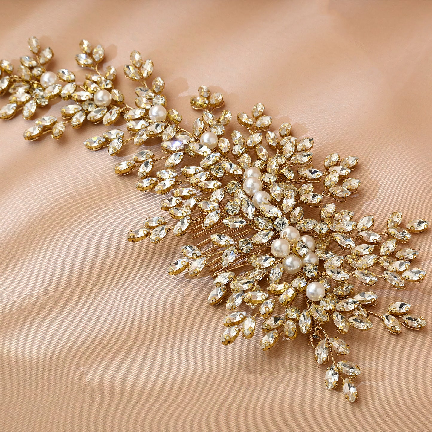 Bridella BHP434-G Gold Rhinestone & Pearl Hair Comb