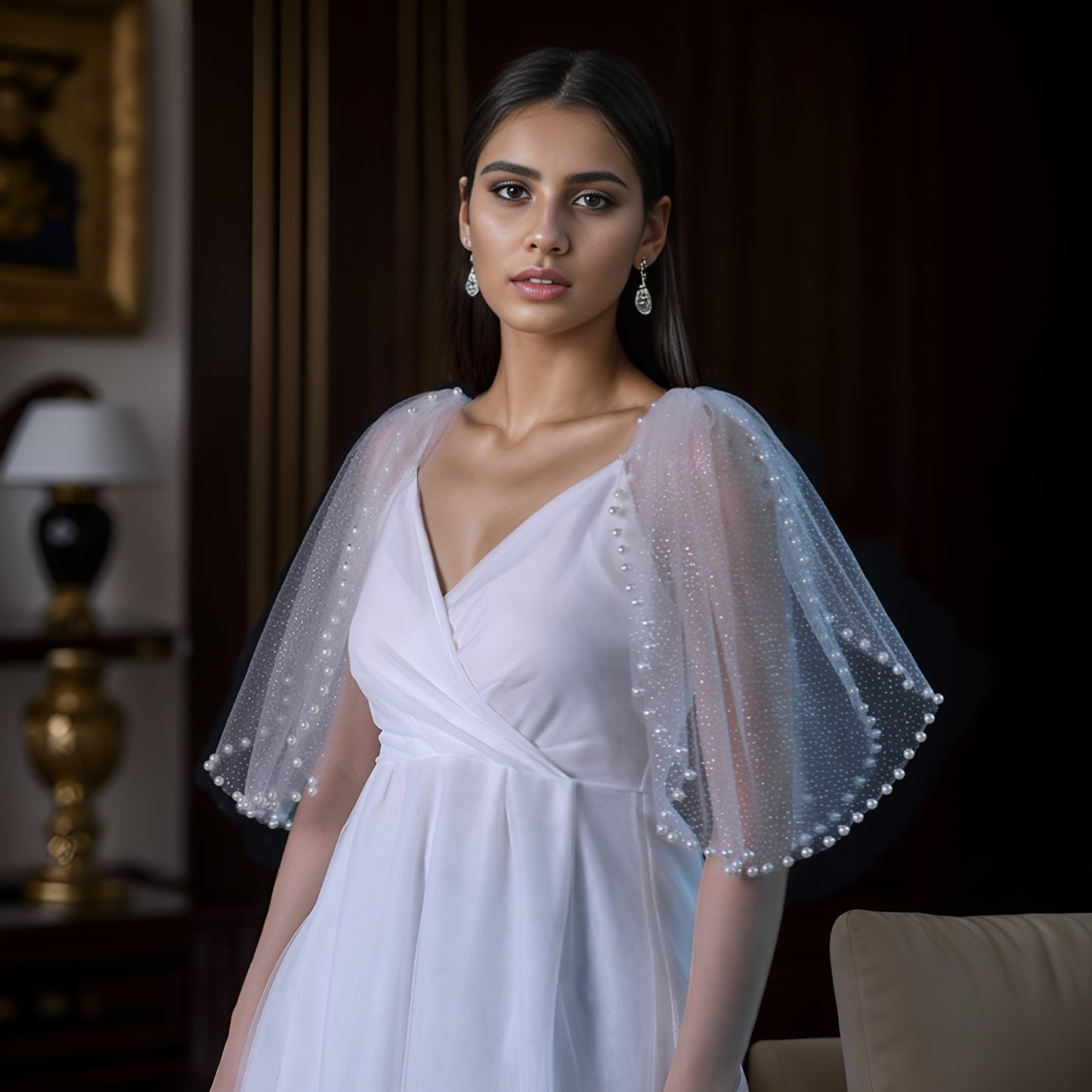 Ivory Starlight Mesh Bridal Shawl Sleeves Wedding Wrap BVG40A-XI Bridella
