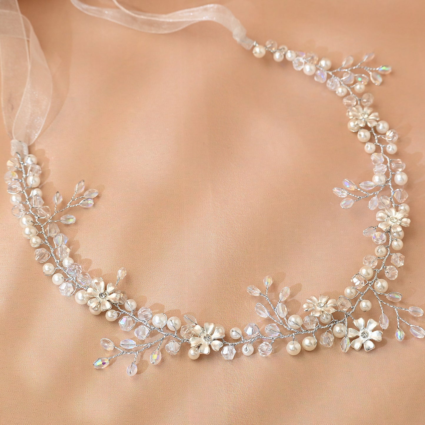 Bridella BHP347-S Silver Rhinestone & Pearl Headband