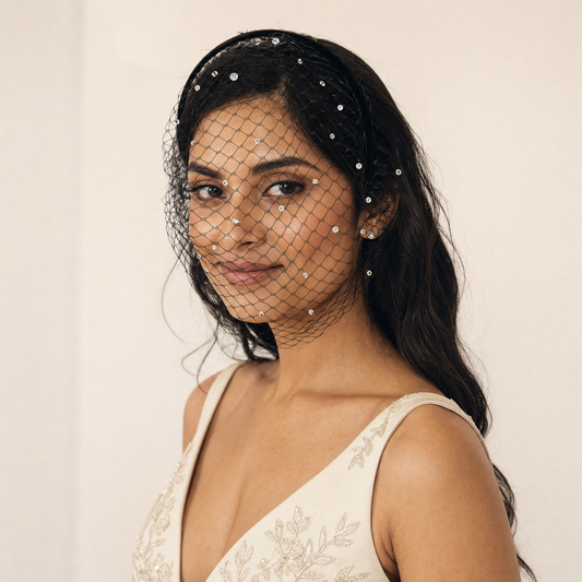 Elastic Birdcage Bridal Veil Headband Blusher Face Veil Wedding Hair Accessory Black White - Bridella BVA12-B