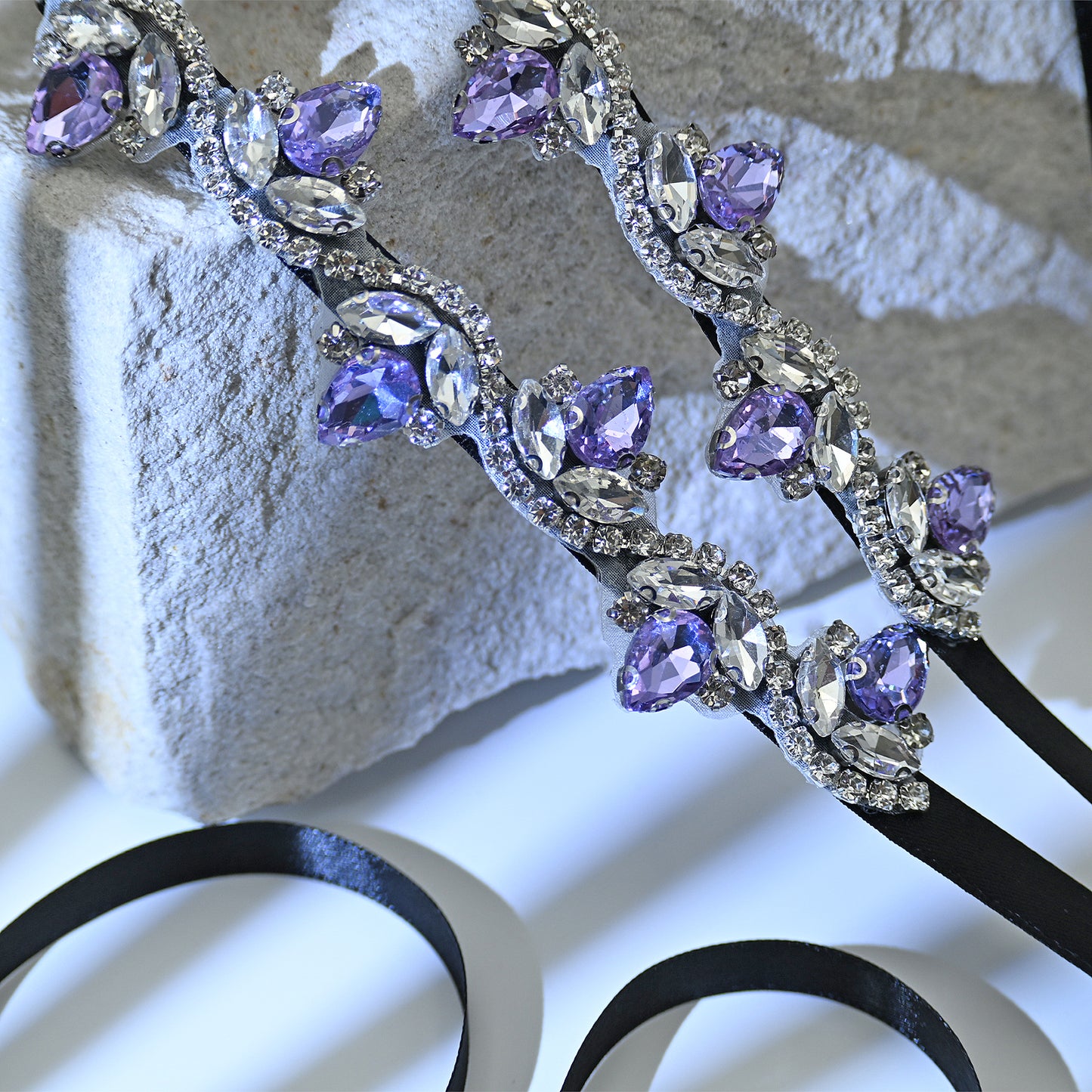 Bridella BS211LA- Black ribbon Lavender Rhinestone Belt