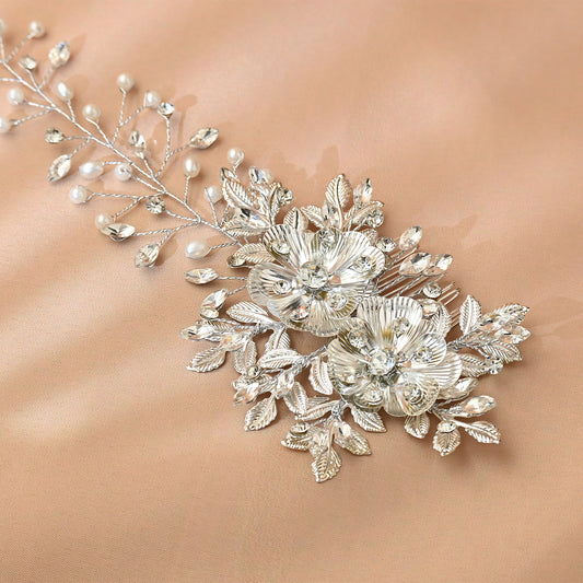 Silver Rhinestone Pearl Bridal Hair Comb Bridella BHP511-S