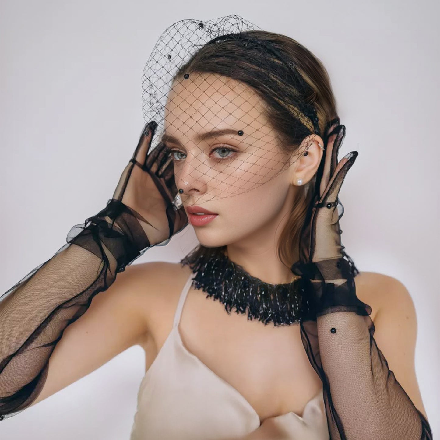 Black Pearl Birdcage Bridal Veil Gothic Wedding Veil - Bridella BMA35