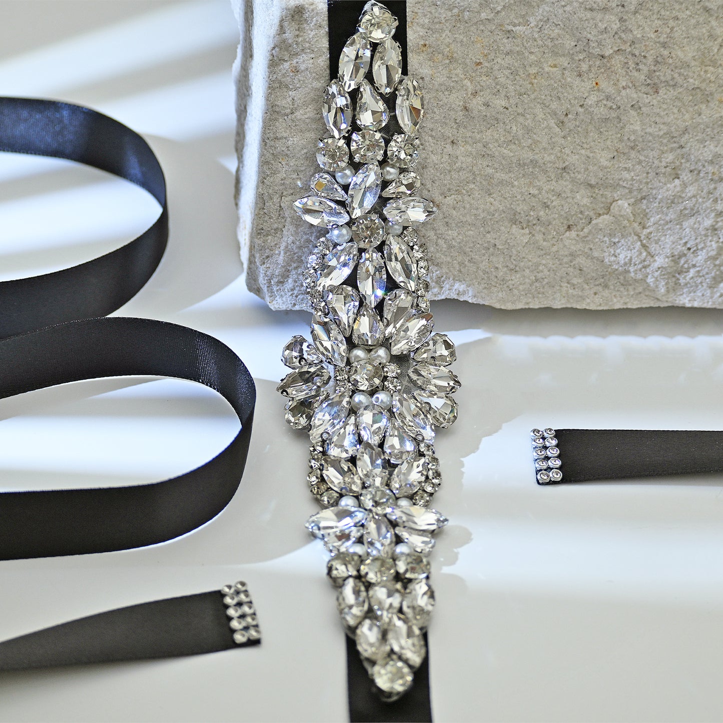 Black Rhinestone Bridal Belt Sash for Wedding - Bridella BS407