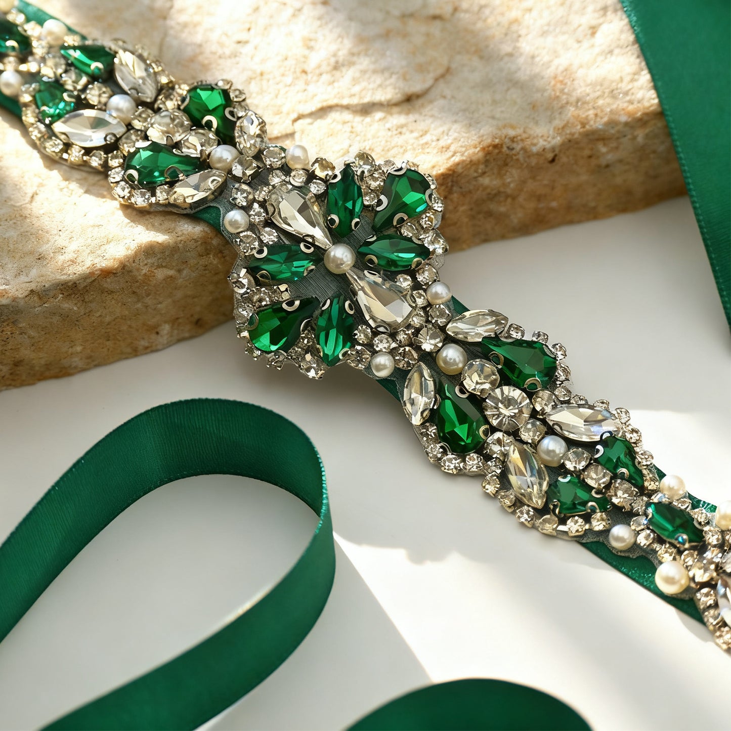 Bridella BS39KL Green Rhinestone & Pearl Belt