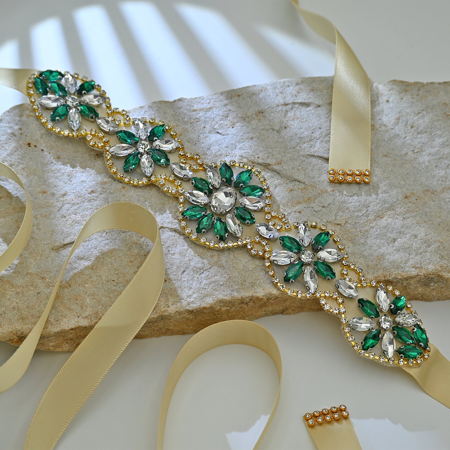 Bridella BS257- Champagne Ribbon Green Rhinestone Belt