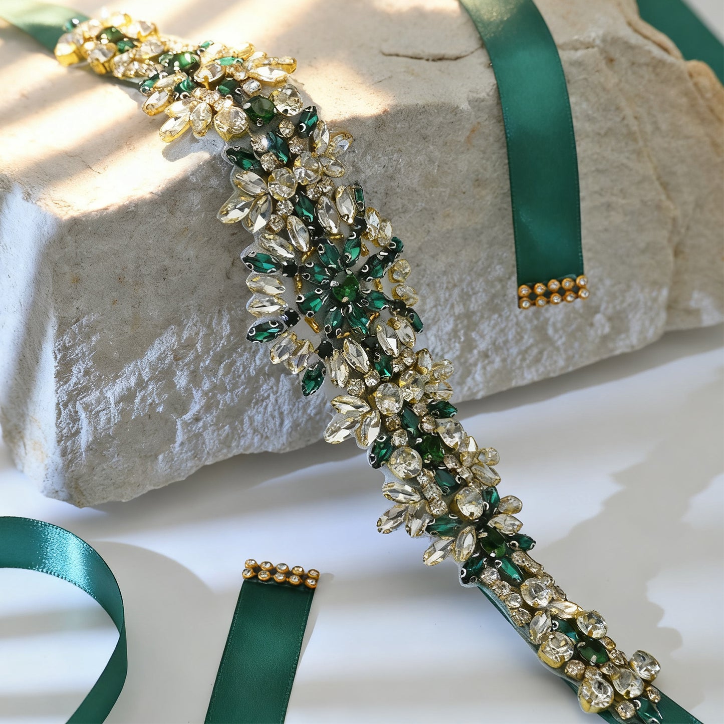 Green Rhinestone Bridal Belt Wedding Dress Sash - Bridella BS319KL