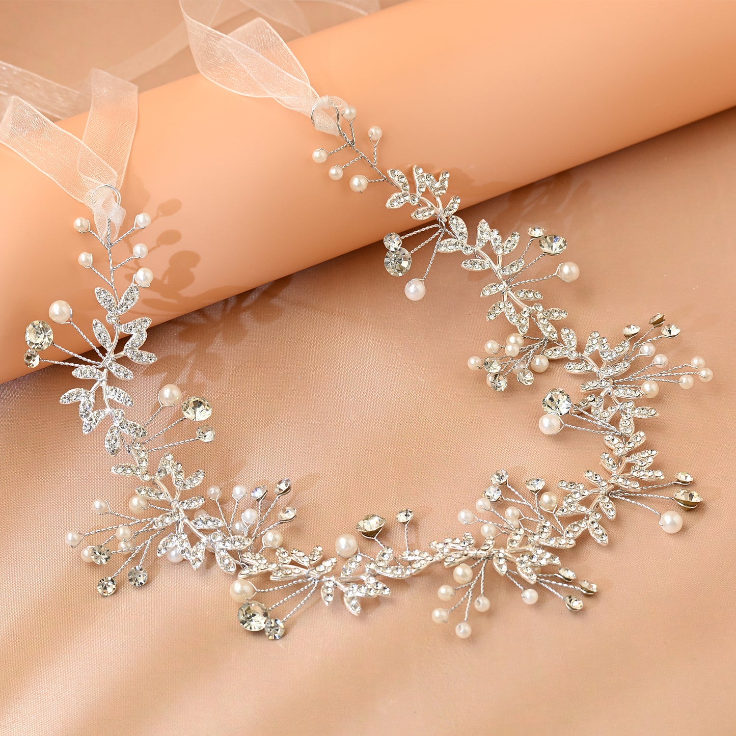 Bridella BHP233-S Silver Rhinestone & Pearl Headband