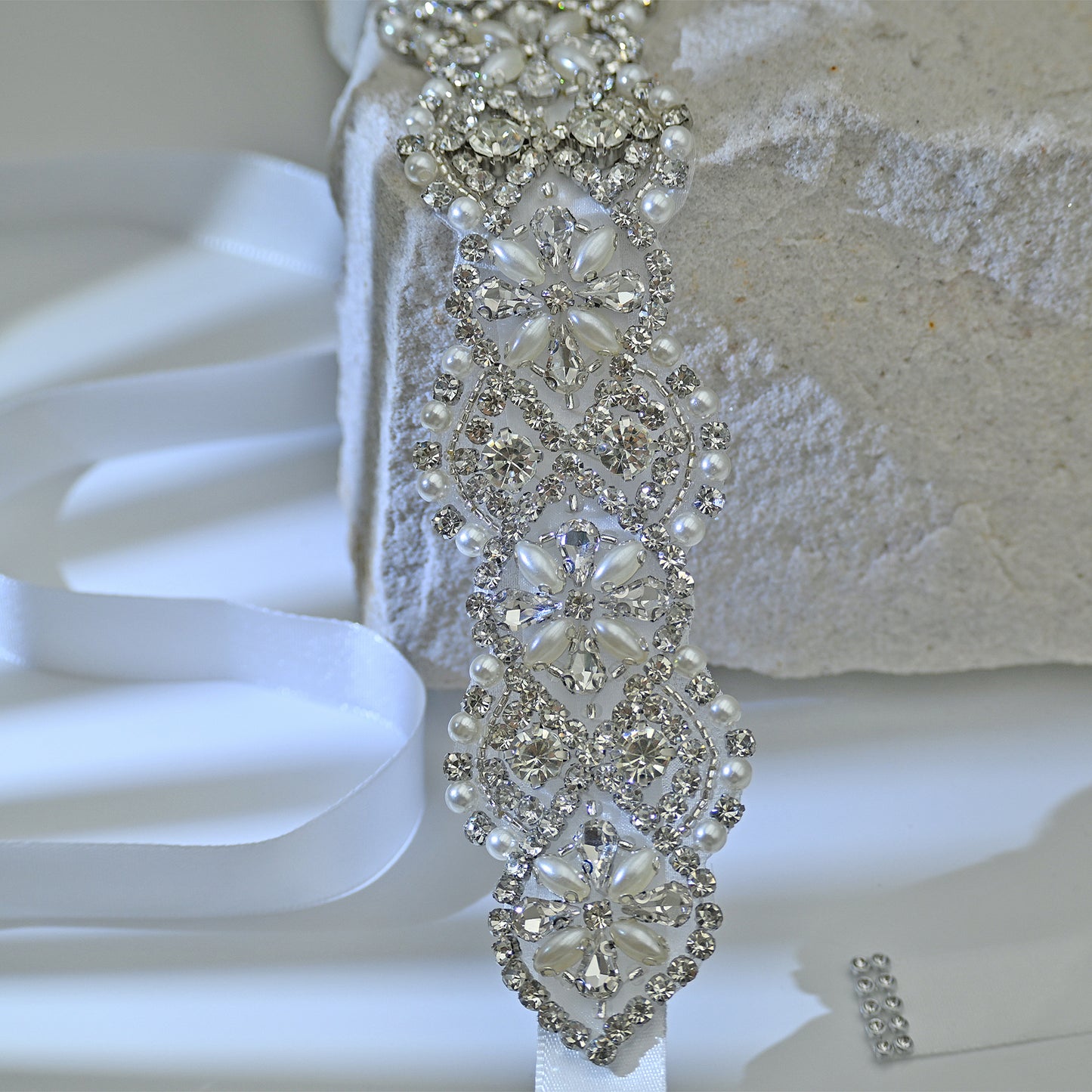 Bridella BS153 White Rhinestone & Pearl Belt