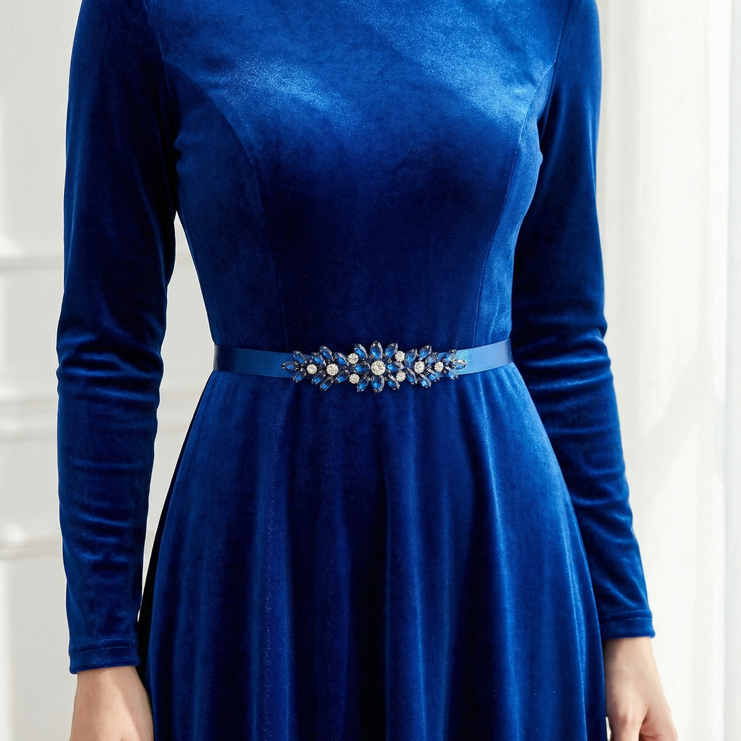 Navy Blue Rhinestone Bridal Sash Ribbon Wedding Dress Belt – Bridella BS243ML