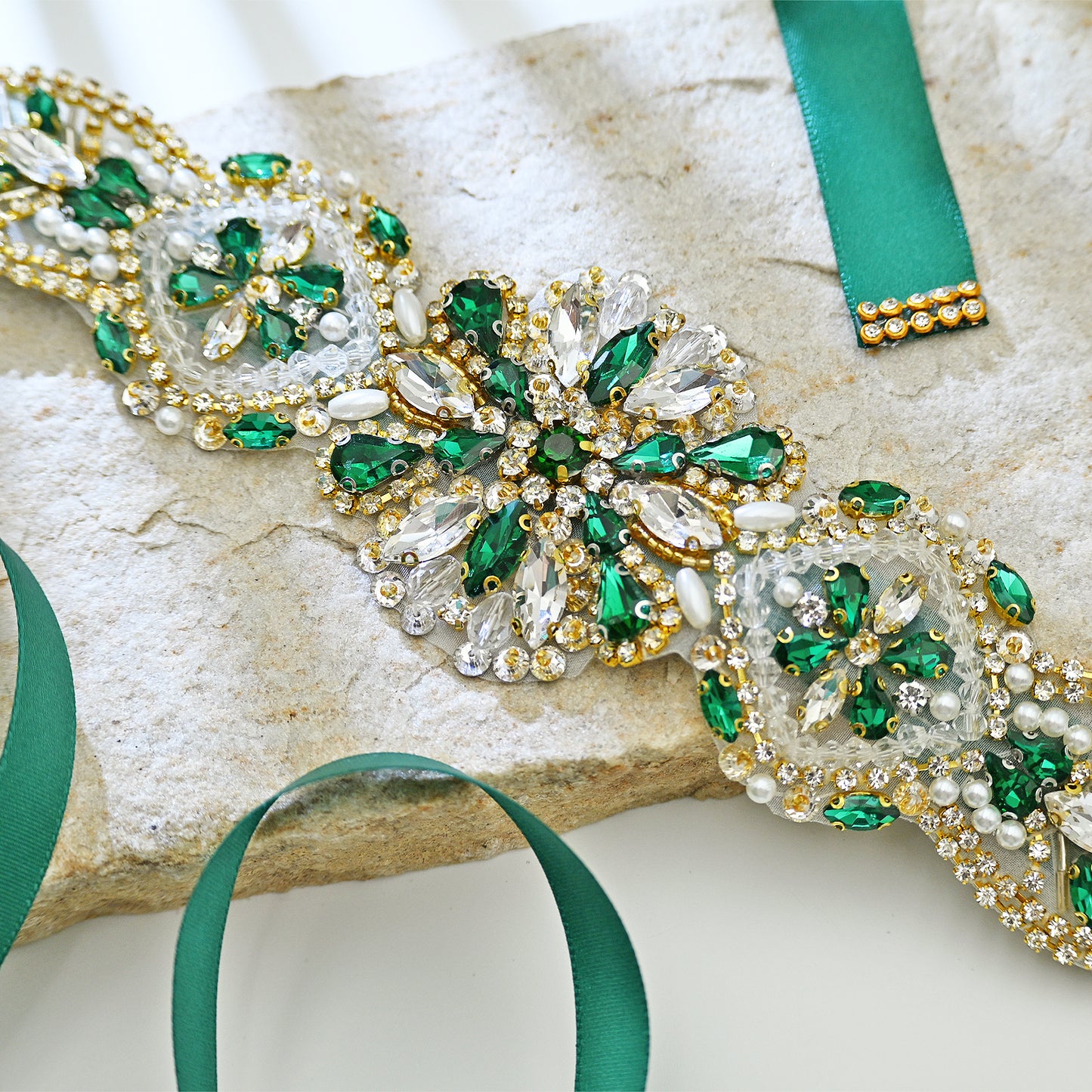 Green Rhinestone Pearl Bridal Belt Wedding Sash – Bridella BS433GKL