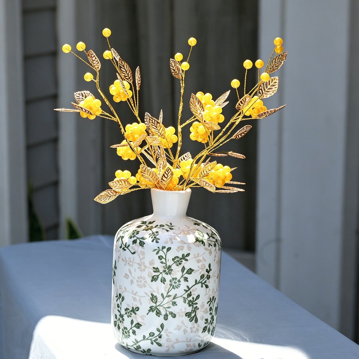 Golden Artificial Berry Stem with Metallic Leaves, Faux Red/Yellow Berry Picks K103