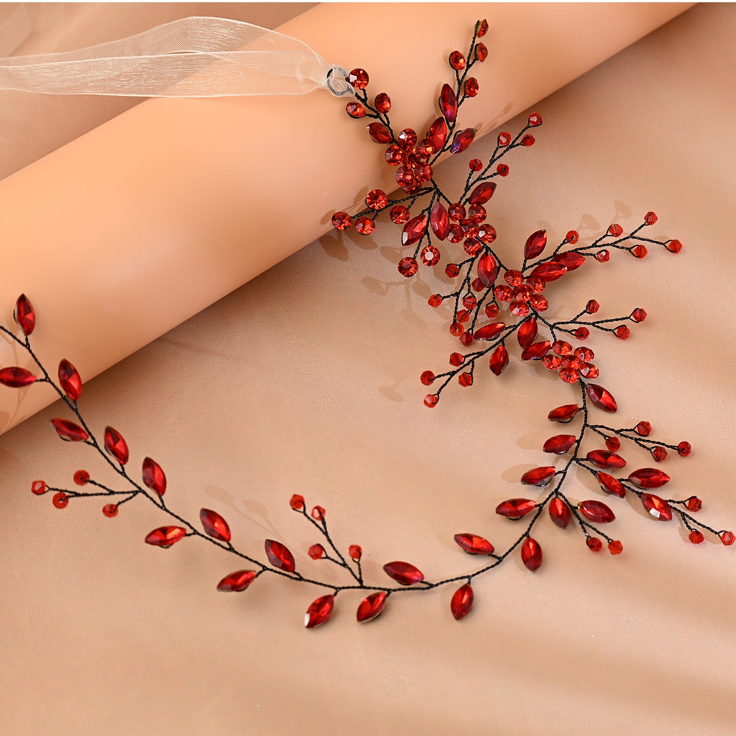 Red Rhinestone & Crystal Bridal Headband for Wedding - Bridella BHP65-R