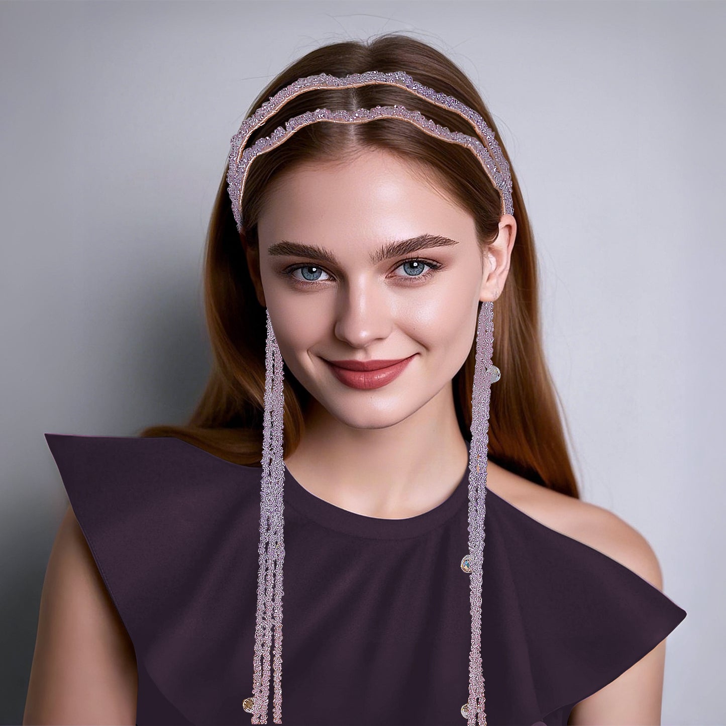 Pink Rhinestone Tassel Bridal Headband Wedding Hair Accessories - Bridella BYXA176