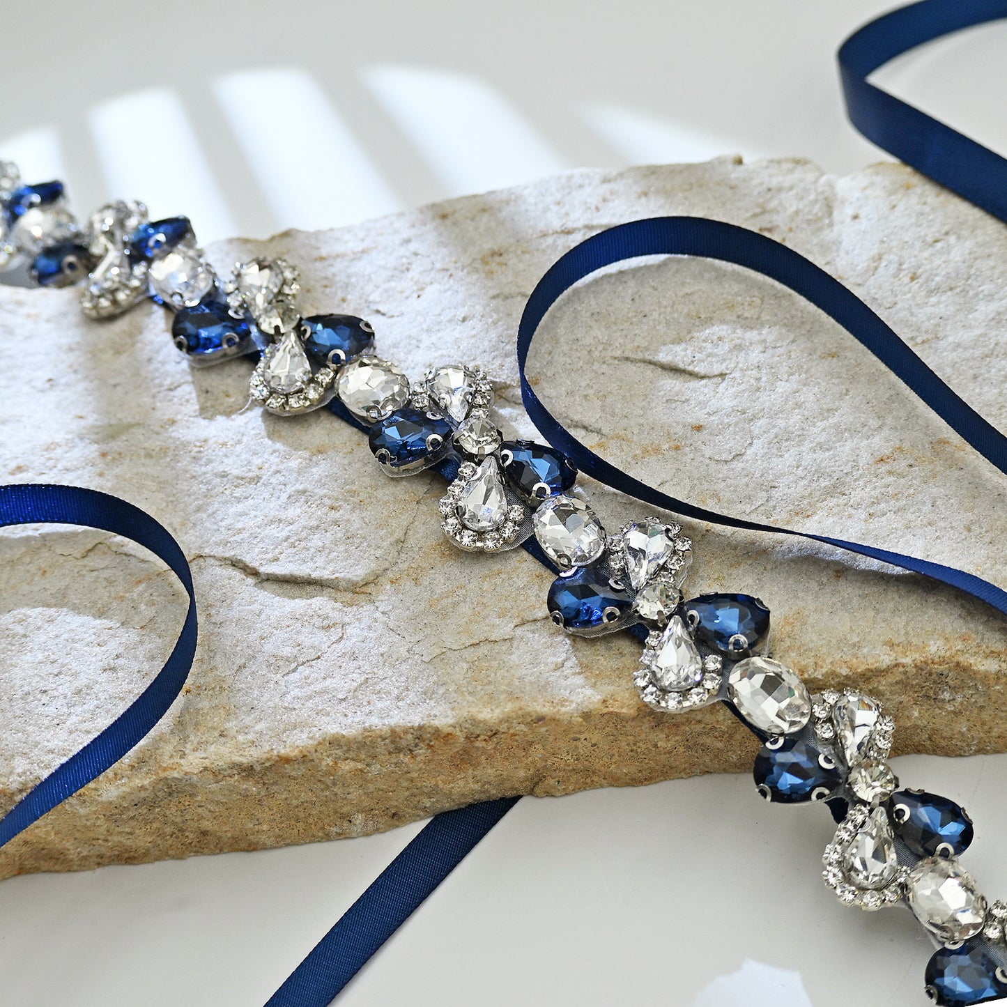 Navy Blue Rhinestone Bridal Belt Adjustable Waist Sash Bridella BS212ML