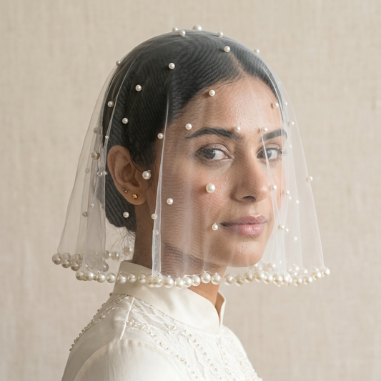 White Pearl Mesh Bridal Hair Comb Veil Short for Wedding - Bridella VA10-I