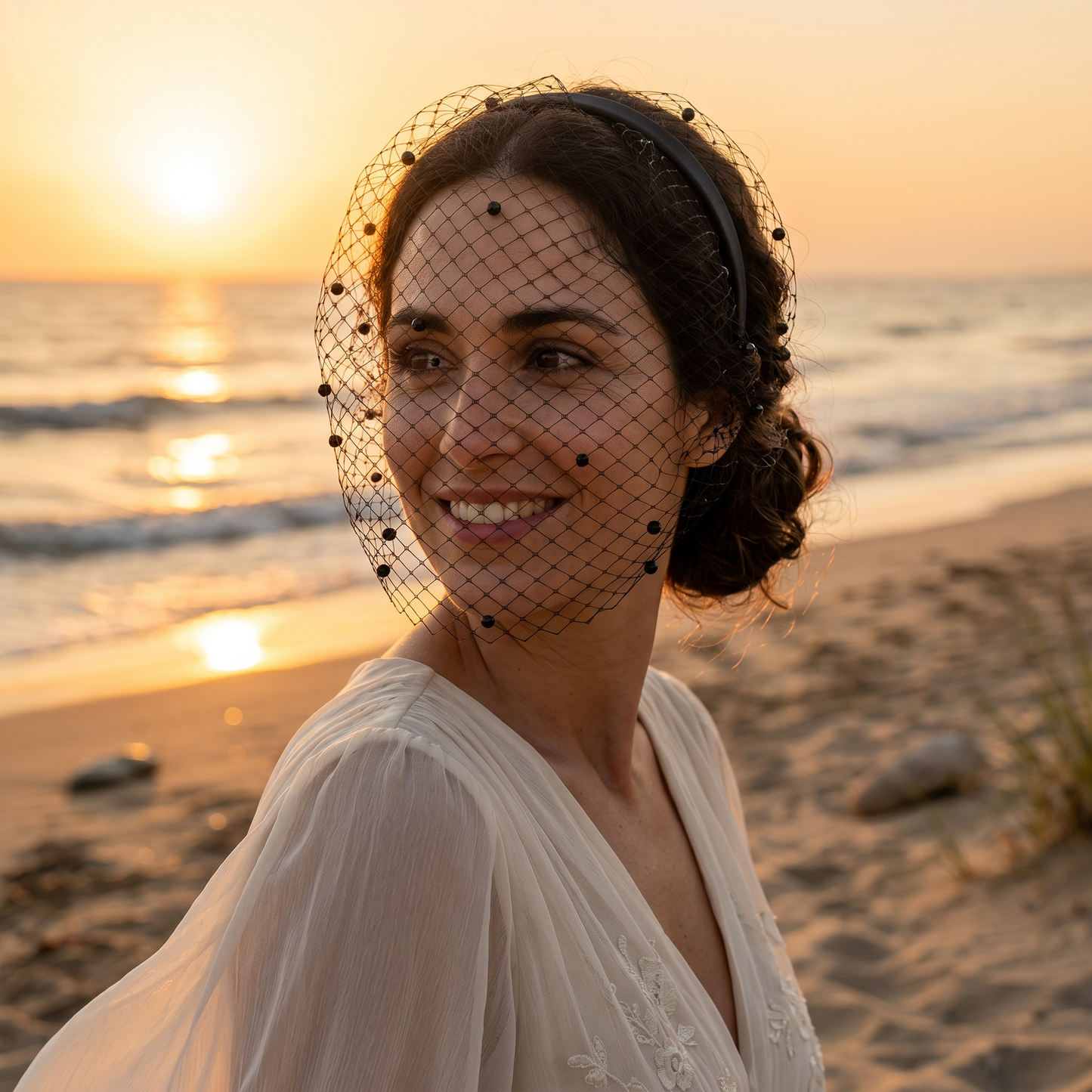 white White Pearl & Mesh Birdcage Veil - Bridella BVA08-B