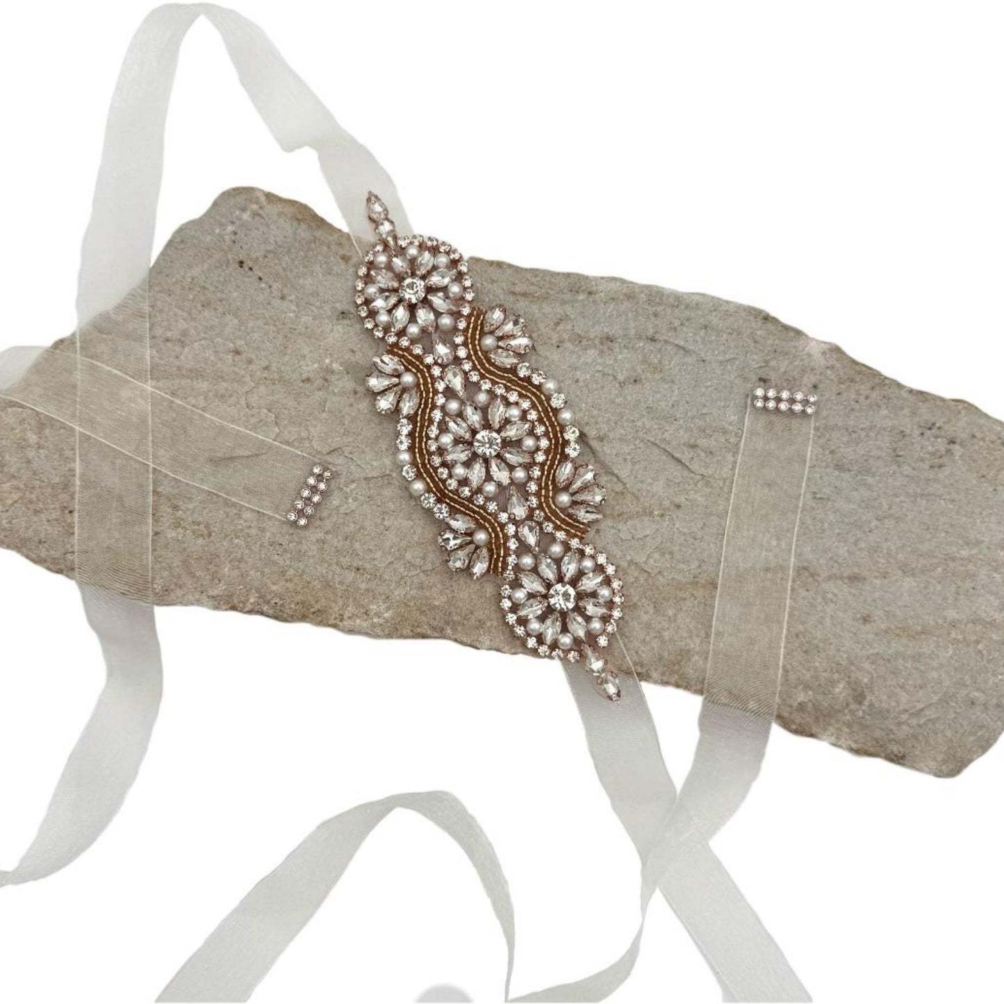 Rose Gold Rhinestone & Pearl Belt - Bridella BS05RG