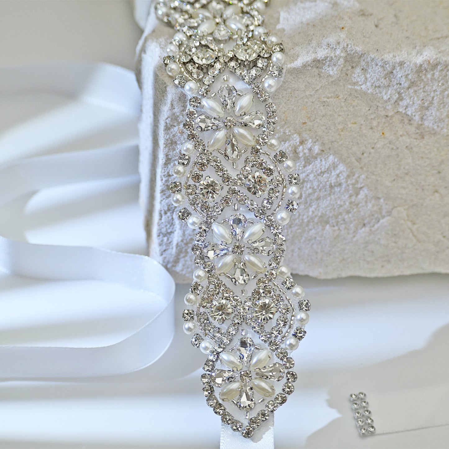 White Rhinestone & Pearl Bridal Belt Sash for Wedding - Bridella BS153