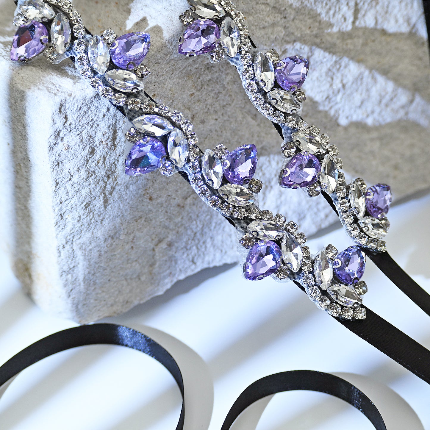 Lavender Rhinestone Bridal Belt with Black Ribbon Waist Sash Bridella BS211-LA