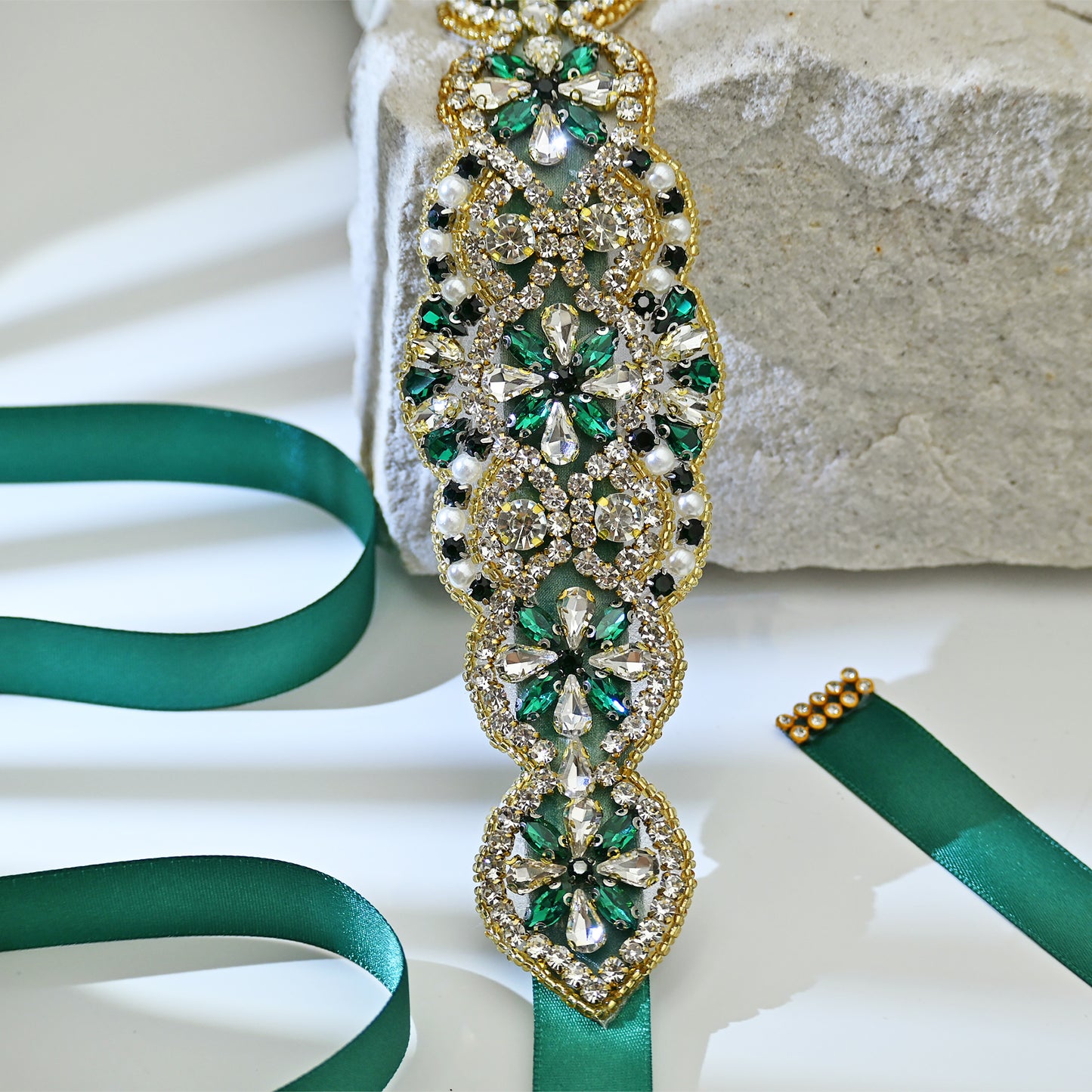 Green Rhinestone Pearl Bridal Belt Wedding Sash - Bridella BS94KL