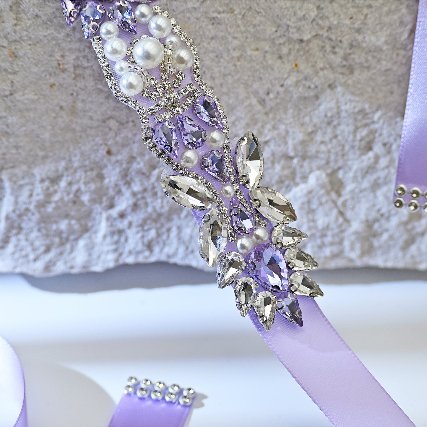 Lavender Rhinestone Pearl Bridal Sash Ribbon Wedding Dress Belt – Bridella BS258